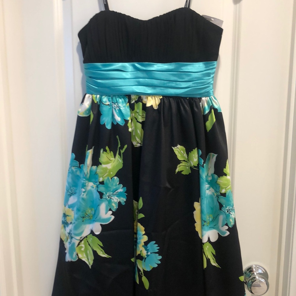 Black/teal strapless floral dress